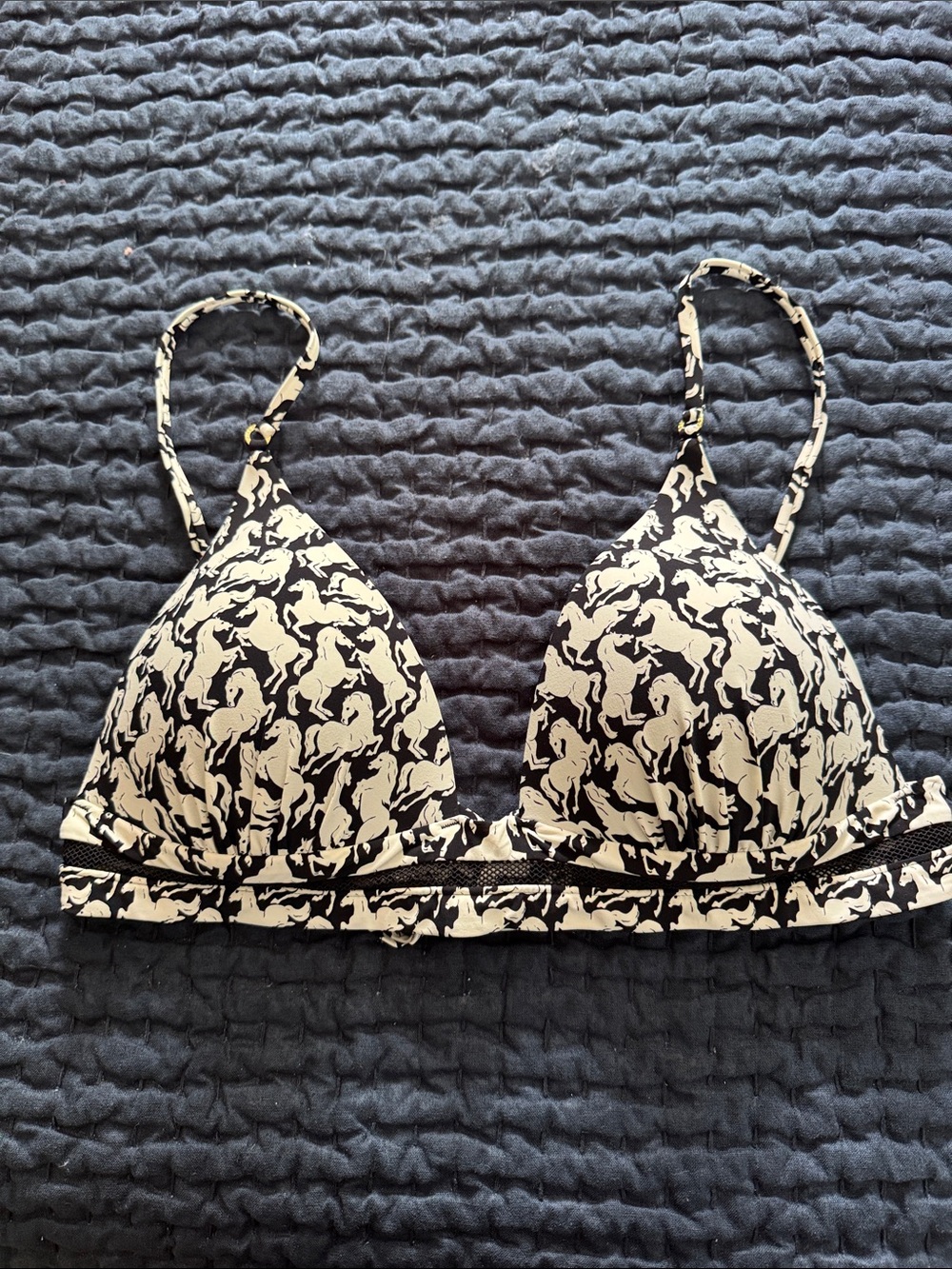 Stella McCartney Black Triangle Bralette with Cream Horse Print Trim